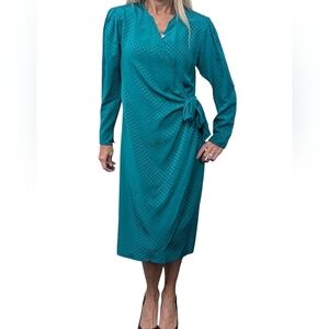 Vintage 90s Adrianna Papell Silk Wrap Midi Dress Teal 4